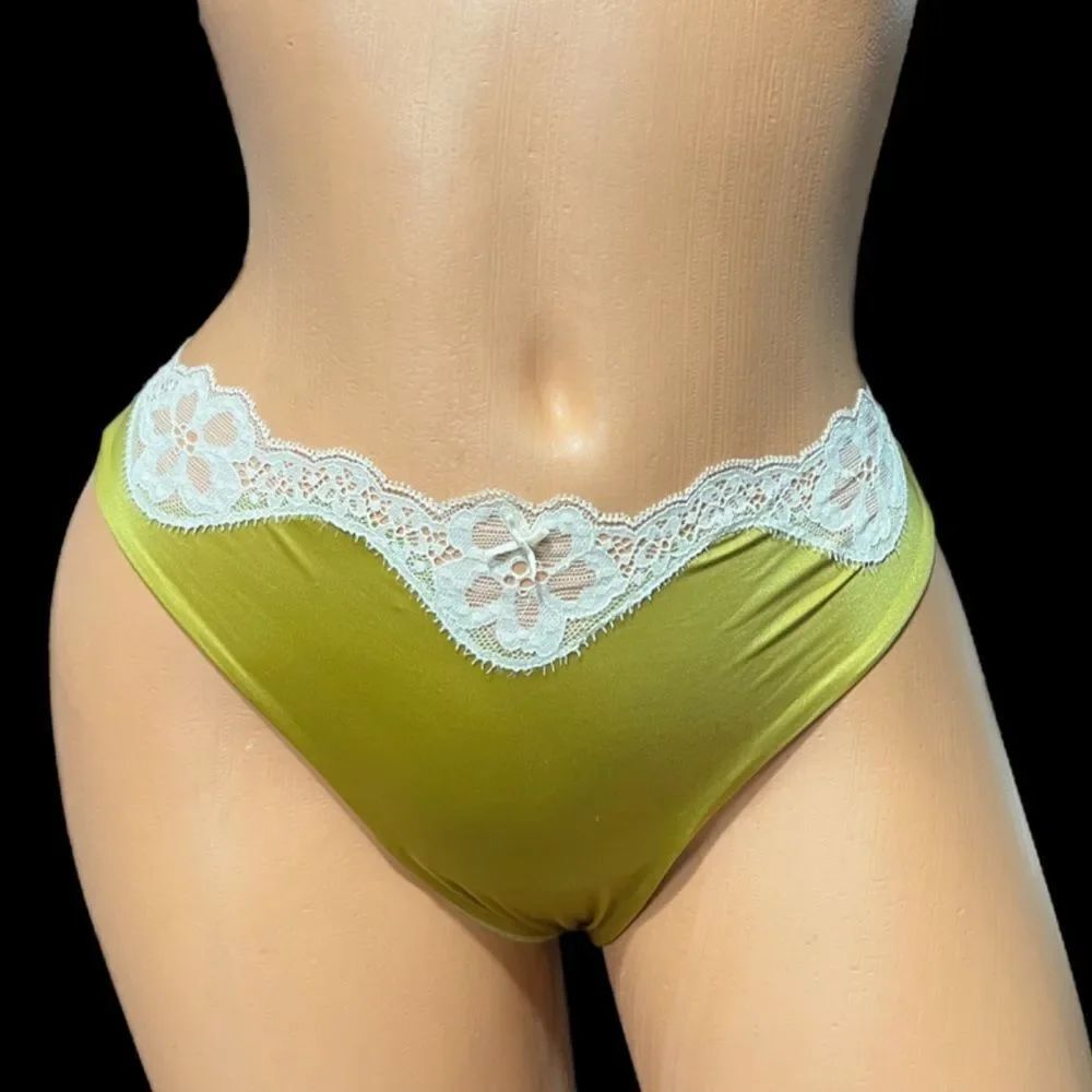 Victorias Secret Dream Angels Lace Waist Satiny Thong Panty olive / mustard